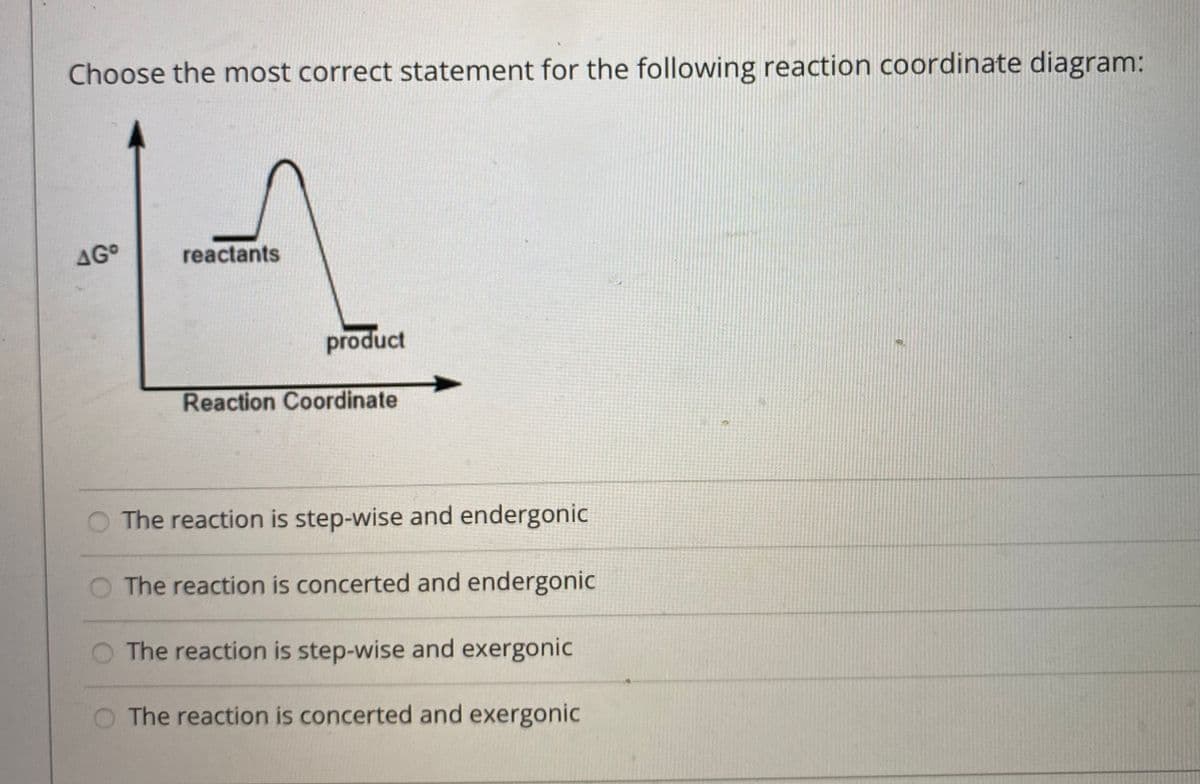 Choose the most correct statement for the following reaction coordinate diagram:
AG°
reactants
product
Reaction Coordinate
O The reaction is step-wise and endergonic
O The reaction is concerted and endergonic
The reaction is step-wise and exergonic
The reaction is concerted and exergonic
