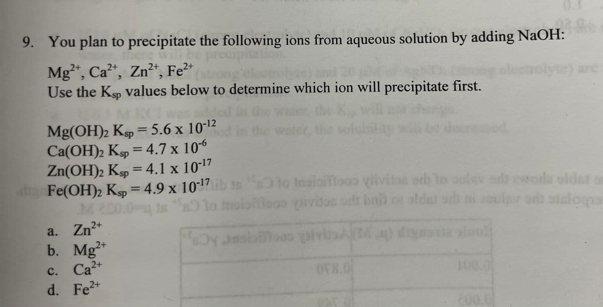 03.0
9. You plan to precipitate the following ions from aqueous solution by adding NaOH:
WOLL
2+
Mg2+, Ca²+, Zn²+, Fe²+
Use the Ksp values below to determine which ion will precipitate first.
Mg(OH)2 Ksp = 5.6 x 10-¹2
Ca(OH)2 Ksp = 4.7 x 10-6
Zn(OH)₂ Ksp = 4.1 x 10-¹7
Fe(OH)2 Ksp = 4.9 x 10-¹7lib isto tosioloo ylivitas orb to oulay a woda oldet o
18 "80 to teloffloco giviton ot ban os aldatud ni asulpvadi stalogna
sisloqa
By usias givi(Ma) dig
soul
M
2+
a. Zn²+
b. Mg2+
c. Ca2+
d. Fe2+
08.0
PAT 01
100.0
les
200.0