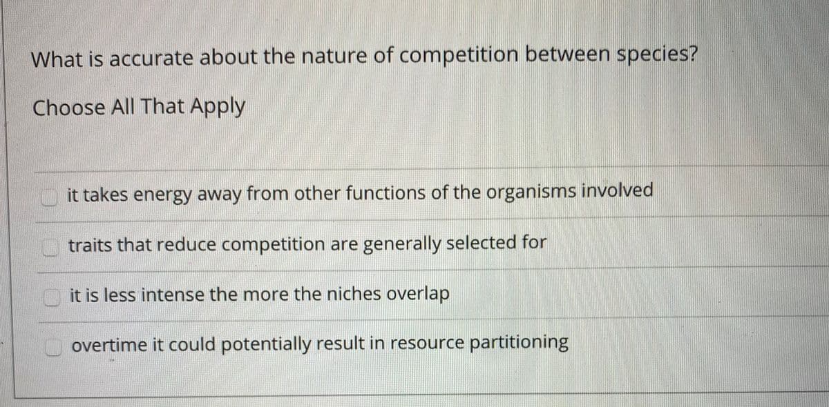 What is accurate about the nature of competition between species?
Choose All That Apply
O it takes energy away from other functions of the organisms involved
Otraits that reduce competition are generally selected for
it is less intense the more the niches overlap
overtime it could potentially result in resource partitioning
