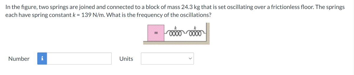 In the figure, two springs are joined and connected to a block of mass 24.3 kg that is set oscillating over a frictionless floor. The springs
each have spring constant k = 139 N/m. What is the frequency of the oscillations?
Number
Units
m