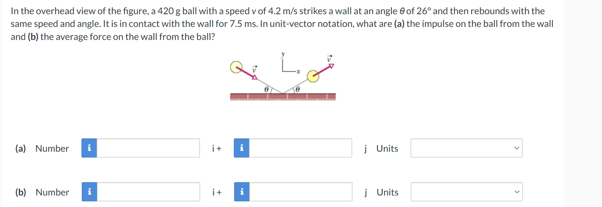 In the overhead view of the figure, a 420 g ball with a speed v of 4.2 m/s strikes a wall at an angle 0 of 26° and then rebounds with the
same speed and angle. It is in contact with the wall for 7.5 ms. In unit-vector notation, what are (a) the impulse on the ball from the wall
and (b) the average force on the wall from the ball?
(a) Number i
i +
i
j Units
(b) Number
i +
j Units
>