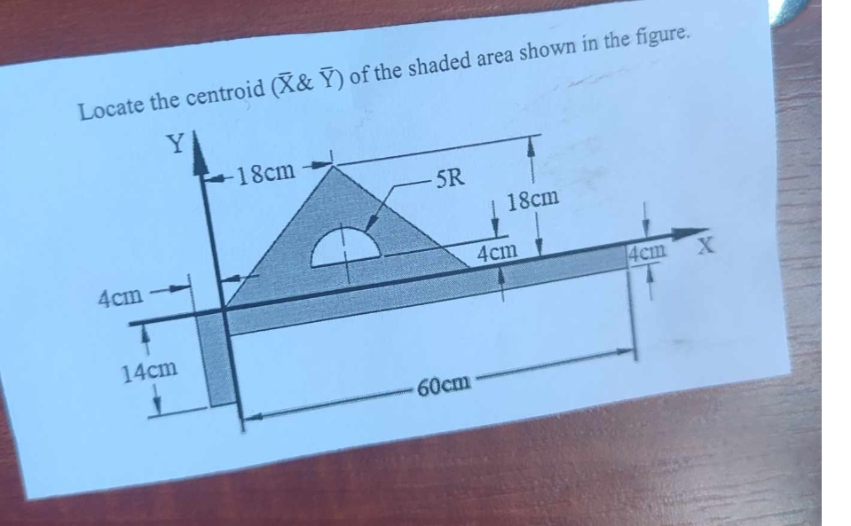 Locate the centroid (X& Y) of the shaded area shown in the figure.
Y
4cm
14cm
-18cm
-5R
| 18cm
4cm
60cm
4cm
X