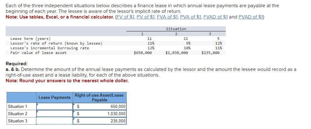 Each of the three independent situations below describes a finance lease in which annual lease payments are payable at the
beginning of each year. The lessee is aware of the lessor's implicit rate of return.
Note: Use tables, Excel, or a financial calculator. (FV of $1, PV of $1, FVA of $1, PVA of $1, FVAD of $1 and PVAD of $1)
Lease term (years)
Lessor's rate of return (known by lessee)
Lessee's incremental borrowing rate.
Fair value of lease asset
Situation 1
Situation 2
Situation 3
Lease Payments
Right-of-use Asset/Lease
Payable
$
$
$
1
650,000
1,030,000
235,000
11
11%
12%
$650,000
Situation
2
21
9%
10%
Required:
a. & b. Determine the amount of the annual lease payments as calculated by the lessor and the amount the lessee would record as a
right-of-use asset and a lease liability, for each of the above situations.
Note: Round your answers to the nearest whole dollar.
$1,030,000
3
5
12%
11%
$235,000