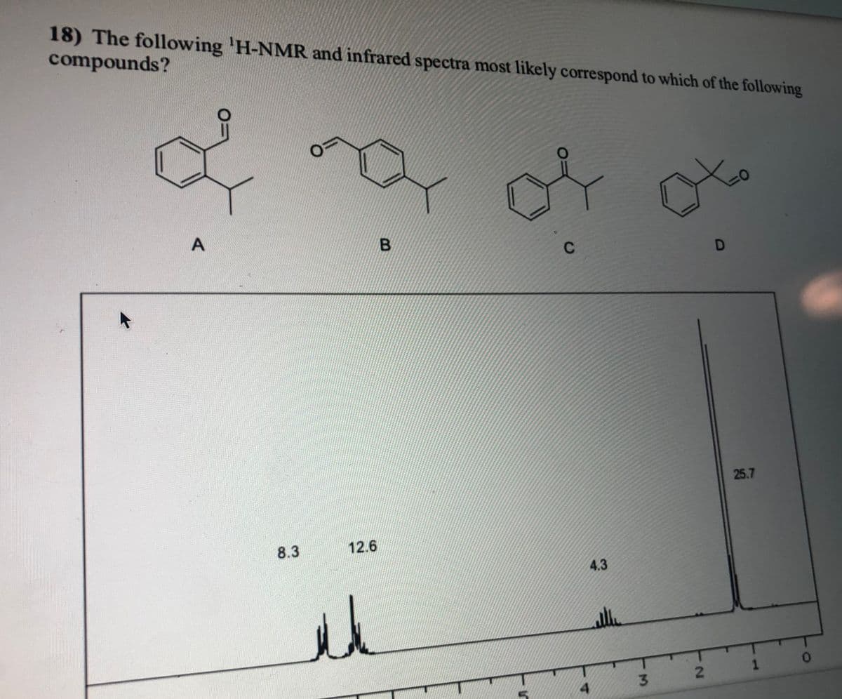 18) The following 'H-NMR and infrared spectra most likely correspond to which of the following
compounds?
70
25.7
8.3
12.6
4.3
il
1
4.
3.
2.
B.
A,
