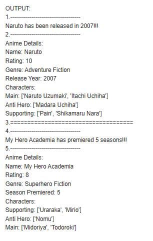 OUTPUT:
1.
Naruto has been released in 2007!!
2.
Anime Details:
Name: Naruto
Rating: 10
Genre: Adventure Fiction
Release Year: 2007
Characters:
Main: ['Naruto Uzumaki, 'Itachi Uchiha']
Anti Hero: ['Madara Uchiha']
Supporting: ['Pain', 'Shikamaru Nara']
3.
4.
My Hero Academia has premiered 5 seasons!!
5.
Anime Details:
Name: My Hero Academia
Rating: 8
Genre: Superhero Fiction
Season Premiered: 5
Characters:
Supporting: ['Uraraka', "Mirio']
Anti Hero: ['Nomu']
Main: ['Midoriya', "Todoroki']
