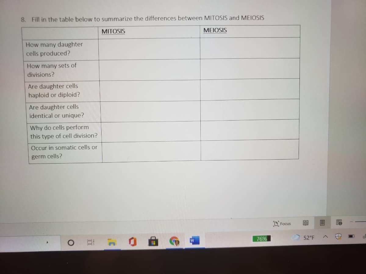 8. Fill in the table below to summarize the differences between MITOSIS and MEIOSIS
MITOSIS
MEIOSIS
How many daughter
cells produced?
How many sets of
divisions?
Are daughter cells
haploid or diploid?
Are daughter cells
identical or unique?
Why do cells perform
this type of cell division?
Occur in somatic cells or
germ cells?
D. Focus
76%
52°F
