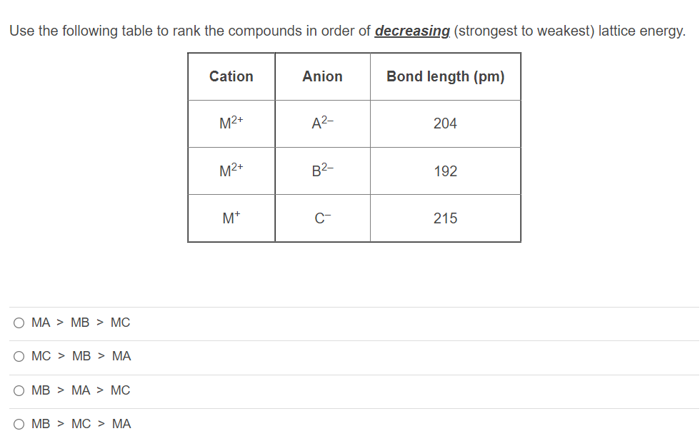 Use the following table to rank the compounds in order of decreasing (strongest to weakest) lattice energy.
Cation
Anion
Bond length (pm)
M2+
А2-
204
M2+
B2-
192
M+
C-
215
O MA > MB > MC
О МC > МВ > МА
O MB > MA > MC
О МB > МС > МА

