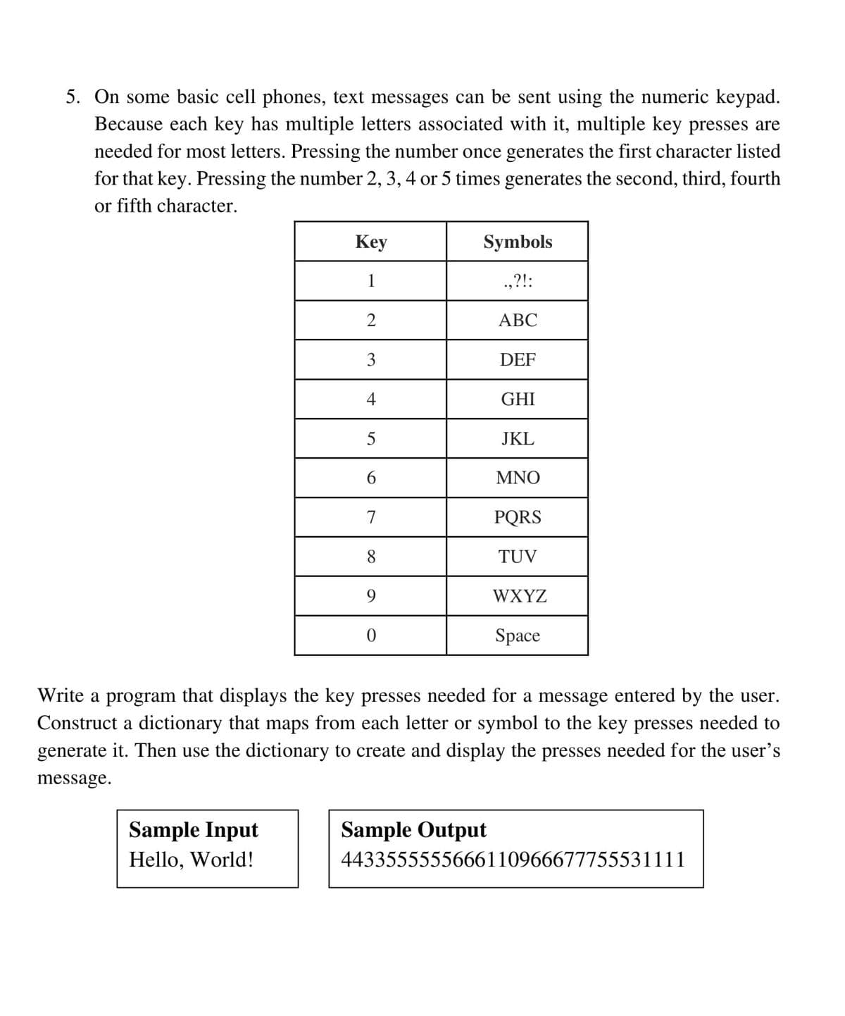 5. On some basic cell phones, text messages can be sent using the numeric keypad.
Because each key has multiple letters associated with it, multiple key presses are
needed for most letters. Pressing the number once generates the first character listed
for that key. Pressing the number 2, 3, 4 or 5 times generates the second, third, fourth
or fifth character.
Key
Symbols
1
.,?!:
2
АВС
3
DEF
4
GHI
5
JKL
MNO
7
PQRS
8
TUV
9.
WXYZ
Space
Write a program that displays the key presses needed for a message entered by the user.
Construct a dictionary that maps from each letter or symbol to the key presses needed to
generate it. Then use the dictionary to create and display the presses needed for the user's
message.
Sample Input
Sample Output
Hello, World!
4433555555666110966677755531111
