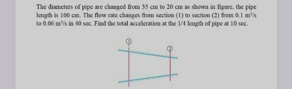 The diameters of pipe are changed from 35 cm to 20 cm as shown in figure, the pipe
length is 100 cm. The flow rate changes from section (1) to section (2) from 0.1 mls
to 0.06 m/s in 40 sec. Find the total acceleration at the 1/4 length of pipe at 10 sec.
