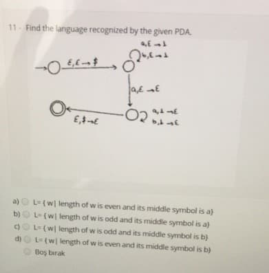 11- Find the language recognized by the given PDA.
O-
E,E
a) O L= (w| length of w is even and its middle symbol is a)
b) O L- (w| length of wis odd and its middle symbol is a)
c)O L- (w| length of w is odd and its middle symbol is b)
d) O L- (w| length of w is even and its middle symbol is b)
OBoş bırak
