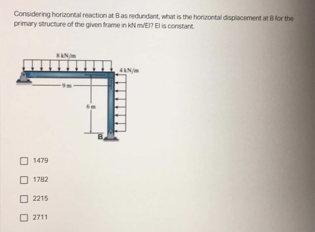 Considering horizontal reaction at B as redundant, what is the horizontal displacement at B for the
primary structure of the given frame in kN m/El? El is constant.
8 kN/m
4 kN/m
9m
1479
1782
2215
2711
6m
B