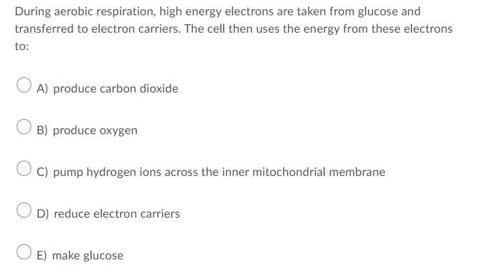 During aerobic respiration, high energy electrons are taken from glucose and
transferred to electron carriers. The cell then uses the energy from these electrons
to:
O A) produce carbon dioxide
B) produce oxygen
C) pump hydrogen ions across the inner mitochondrial membrane
D) reduce electron carriers
E) make glucose
