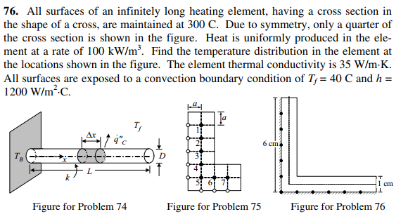76. All surfaces of an infinitely long heating element, having a cross section in
the shape of a cross, are maintained at 300 C. Due to symmetry, only a quarter of
the cross section is shown in the figure. Heat is uniformly produced in the ele-
ment at a rate of 100 kW/m³. Find the temperature distribution in the element at
the locations shown in the figure. The element thermal conductivity is 35 W/m-K.
All surfaces are exposed to a convection boundary condition of T; = 40 C and h =
1200 W/m².C.
LL
T,
6 cm
1 cm
Figure for Problem 74
Figure for Problem 75
Figure for Problem 76
