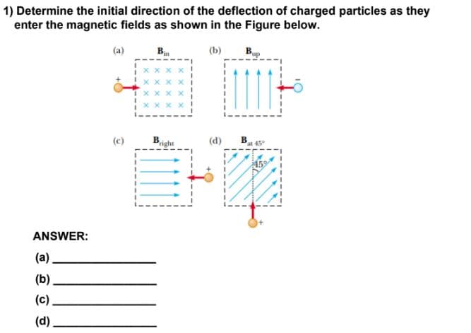 1) Determine the initial direction of the deflection of charged particles as they
enter the magnetic fields as shown in the Figure below.
Bin
B
(a)
(b)
x x x x
X X x
Bight
B.
(c)
(d)
159
ANSWER:
(a).
(b)
(c)
(d).

