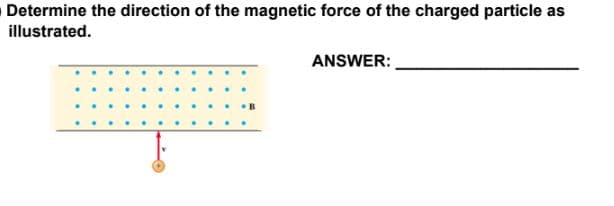 Determine the direction of the magnetic force of the charged particle as
illustrated.
ANSWER:
