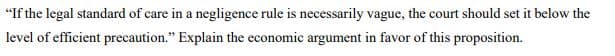 "If the legal standard of care in a negligence rule is necessarily vague, the court should set it below the
level of efficient precaution." Explain the economic argument in favor of this proposition.
