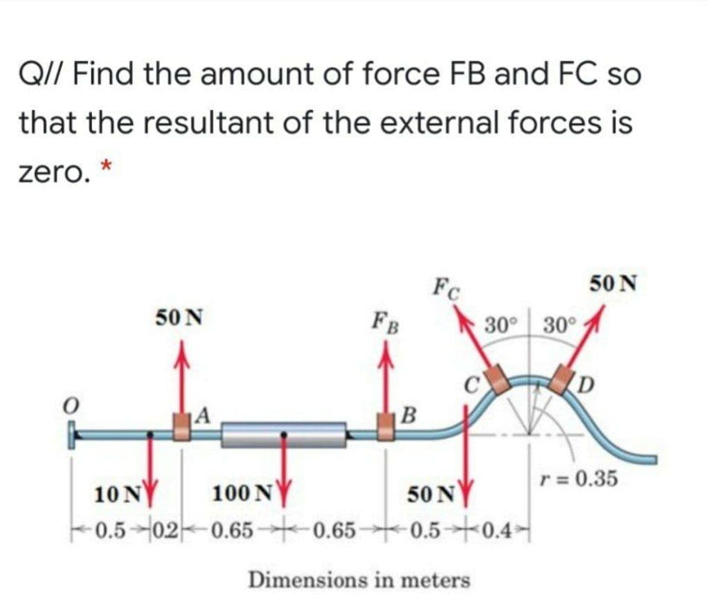 QI/ Find the amount of force FB and FC so
that the resultant of the external forces is
zero. *
Fc
50 N
50 N
FB
30° 30°
B
100 NY
r = 0.35
10 NY
-0.502-0.65-0.65-
50 NY
0.5+0.4-
Dimensions in meters
