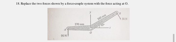 18. Replace the two forces shown by a force-couple system with the force acting at O.
360 mm
270 mm
50 N
A
300
90 N
