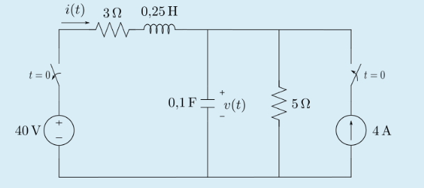 i(t) 3N
0,25 H
0,1 F ;
수 v(t)
+
40 V
) 4 A

