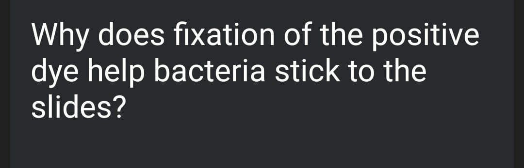 Why does fixation of the positive
dye help bacteria stick to the
slides?
