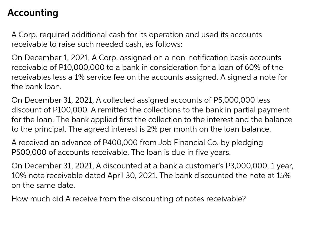 Accounting
A Corp. required additional cash for its operation and used its accounts
receivable to raise such needed cash, as follows:
On December 1, 2021, A Corp. assigned on a non-notification basis accounts
receivable of P10,000,000 to a bank in consideration for a loan of 60% of the
receivables less a 1% service fee on the accounts assigned. A signed a note for
the bank loan.
On December 31, 2021, A collected assigned accounts of P5,000,000 less
discount of P100,000. A remitted the collections to the bank in partial payment
for the loan. The bank applied first the collection to the interest and the balance
to the principal. The agreed interest is 2% per month on the loan balance.
A received an advance of P400,000 from Job Financial Co. by pledging
P500,000 of accounts receivable. The loan is due in five years.
On December 31, 2021, A discounted at a bank a customer's P3,000,000, 1 year,
10% note receivable dated April 30, 2021. The bank discounted the note at 15%
on the same date.
How much did A receive from the discounting of notes receivable?
