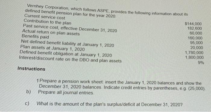 Vernhey Corporation, which follows ASPE, provides the following information about its
defined benefit pension plan for the year 2020:
Current service cost
Contribution to the plan
Past service cost, effective December 31, 2020
Actual return on plan assets
Benefits paid
Net defined benefit liability at January 1, 2020
Plan assets at January 1, 2020
Defined benefit obligation at January 1, 2020
Interest/discount rate on the DBO and plan assets
$144,000
182,600
60,000
160,000
95,000
20,000
1,780,000
1,800,000
9%
Instructions
1 Prepare a pension work sheet: insert the January 1, 2020 balances and show the
December 31, 2020 balances. Indicate credit entries by parentheses, e g. (25,000).
b)
Prepare all journal entries.
c)
What is the amount of the plan's surplus/deficit at December 31, 2020?

