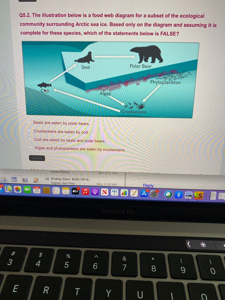 Q5.2. The illustration below is a food web diagram for a subset of the ecological
community surrounding Arctic sea ice. Based only on the diagram and assuming it is
complete for these species, which of the statements below is FALSE?
Polar Bear
Seal
Phytoplankton
CA
Algae
Crustaceans
Seals are eaten by polar bears.
Crustaceans are eaten by cod.
Cod are eaten by seals and polar bears.
Algae and phytoplankton are eaten by crustaceans.
Submit
Inside History
Mon 5:10 PM
A Ending Soon: $300 Off M...
Kaplan Test Prep
Mon 11:02 AM
Reply
etv
MacBook Pro
#3
$
&
*
3
4
7
8
E
Y
< cO
