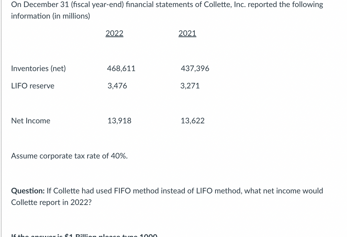 On December 31 (fiscal year-end) financial statements of Collette, Inc. reported the following
information (in millions)
Inventories (net)
LIFO reserve
Net Income
2022
468,611
3,476
13,918
Assume corporate tax rate of 40%.
2021
If the neworic $1 Dillion plonso tvno 1000
437,396
3,271
13,622
Question: If Collette had used FIFO method instead of LIFO method, what net income would
Collette report in 2022?