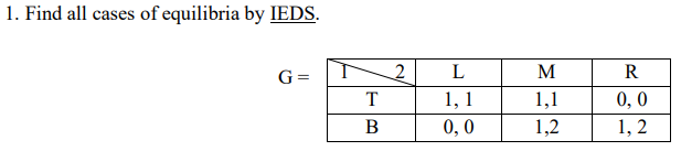 1. Find all cases of equilibria by IEDS.
G =
T
B
2
L
1,1
0,0
M
1,1
1,2
R
0,0
1,2
