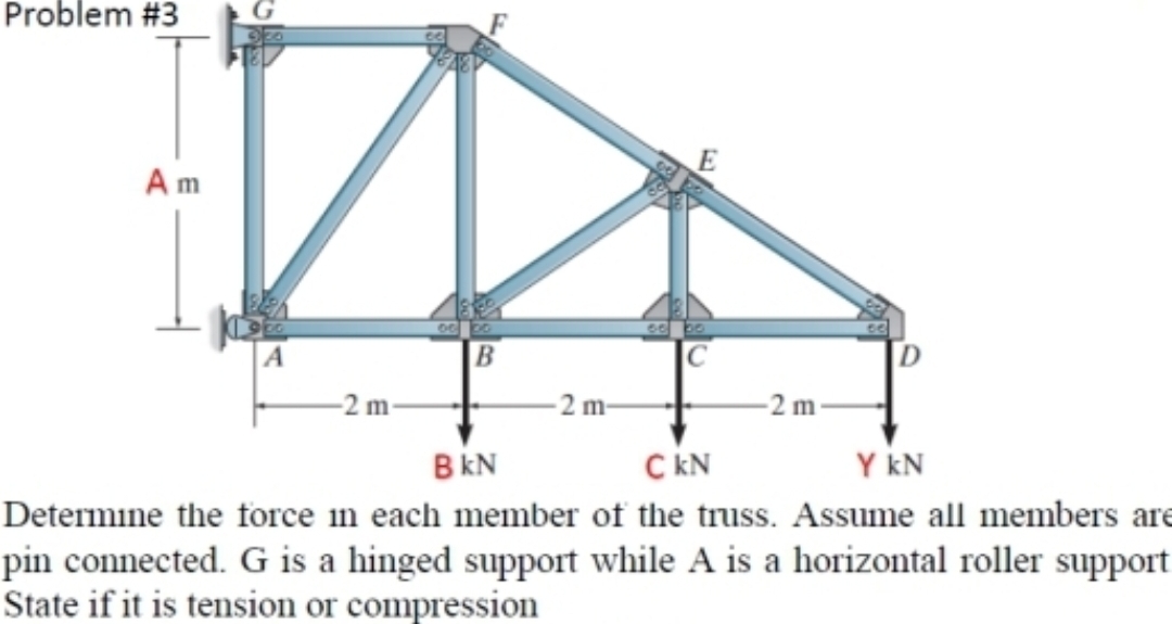 Problem #3
Am
-2 m-
B
-2 m-
-2 m
BKN
C KN
Y KN
Determine the force in each member of the truss. Assume all members are
pin connected. G is a hinged support while A is a horizontal roller support
State if it is tension or compression