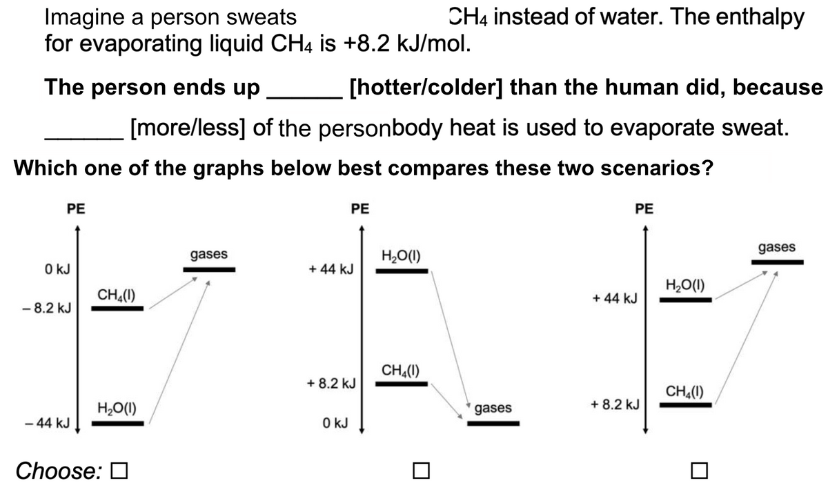 CH4 instead of water. The enthalpy
Imagine a person sweats
for evaporating liquid CH4 is +8.2 kJ/mol.
The person ends up
[hotter/colder] than the human did, because
[more/less] of the personbody heat is used to evaporate sweat.
Which one of the graphs below best compares these two scenarios?
PE
PE
PE
gases
gases
H,O(1)
O kJ
+ 44 kJ
H,O(1)
CH.(1)
+ 44 kJ
- 8.2 kJ
CH«(1)
+ 8.2 kJ
CH (1)
H2O(1)
gases
+ 8.2 kJ
- 44 kJ
O kJ
Choose: O
