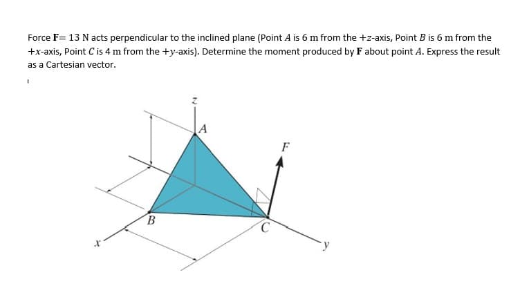 Force F= 13 N acts perpendicular to the inclined plane (Point A is 6 m from the +z-axis, Point B is 6 m from the
+x-axis, Point C is 4 m from the +y-axis). Determine the moment produced by F about point A. Express the result
as a Cartesian vector.
A
F
B.
