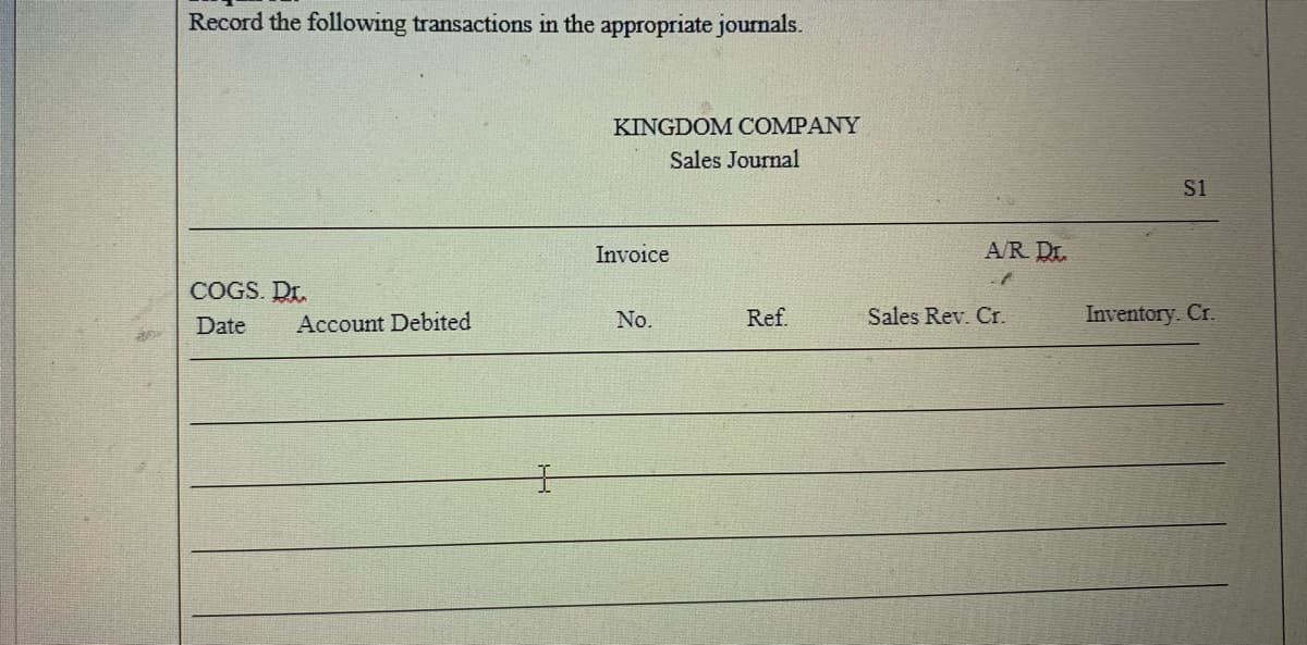 Record the following transactions in the appropriate journals.
KINGDOM COMPANY
Sales Journal
S1
Invoice
A/R Dr.
COGS. Dr.
Date
Account Debited
No.
Ref.
Sales Rev. Cr.
Inventory. Cr.
