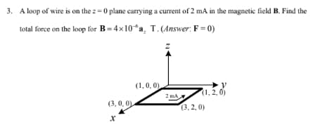 3. A loop of wire is on the z=0 plane carrying a current of 2 mA in the magnetic field B. Find the
total force on the loop for B=4x10a, T.(Answer: F = 0)
(3, 0, 0)
X
(1, 0, 0),
2 mA
y
(1,2,0)
(3,2,0)