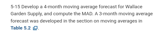 5-15 Develop a 4-month moving average forecast for Wallace
Garden Supply, and compute the MAD. A 3-month moving average
forecast was developed in the section on moving averages in
Table 5.2 0.
