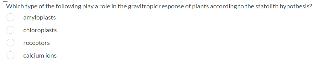 Which type of the following play a role in the gravitropic response of plants according to the statolith hypothesis?
amyloplasts
chloroplasts
receptors
calcium ions
O O O O
