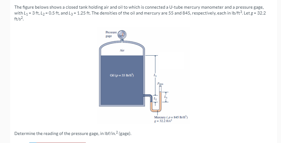 The figure belows shows a closed tank holding air and oil to which is connected a U-tube mercury manometer and a pressure gage,
with L1 = 3 ft, L2 = 0.5 ft, and L3 = 1.25 ft. The densities of the oil and mercury are 55 and 845, respectively, each in Ib/ft³. Let g = 32.2
ft/s?.
Pressure
gage
Air
Oil (p = 55 Ib/t)
Pam
Mercury (p= 845 Ib/n)
g = 32.2 is?
Determine the reading of the pressure gage, in Ibf/in.2 (gage).
