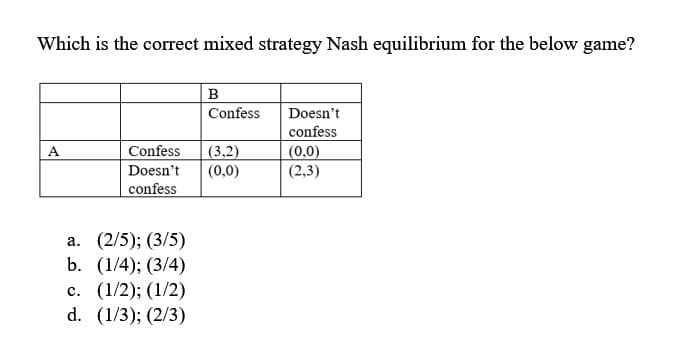 Which is the correct mixed strategy Nash equilibrium for the below game?
A
B
Confess
Confess (3,2)
Doesn't
(0,0)
confess
a. (2/5); (3/5)
b. (1/4); (3/4)
c. (1/2); (1/2)
d. (1/3); (2/3)
Doesn't
confess
(0,0)
(2,3)