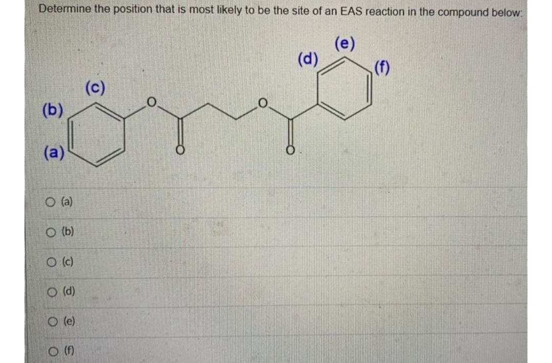Determine the position that is most likely to be the site of an EAS reaction in the compound below:
(e)
(d)
(f)
(c)
(b)
(a)
O (a)
O (b)
O c)
(d)
O (e)
O (f)
