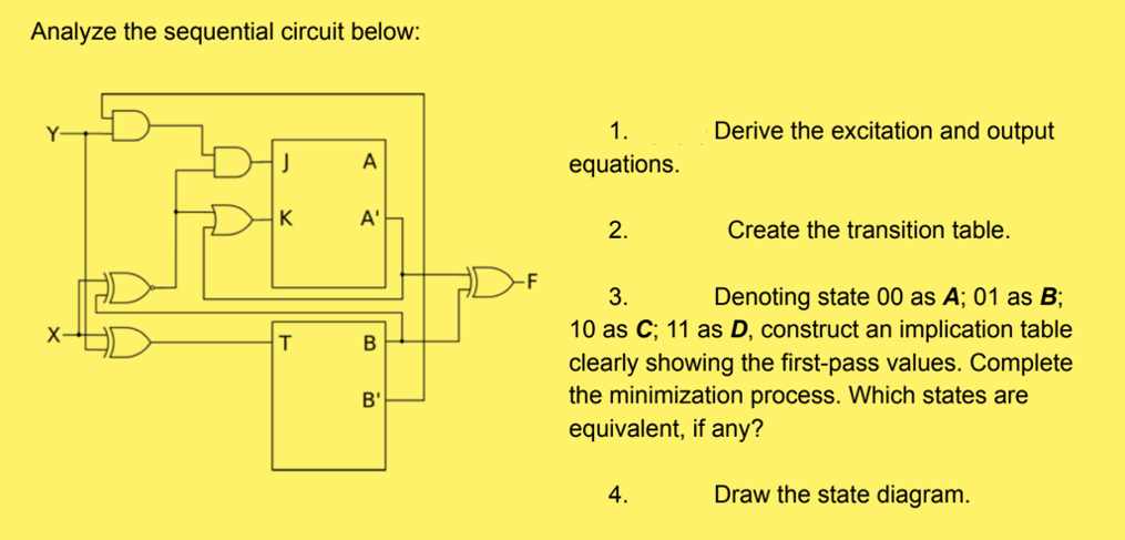 Analyze the sequential circuit below:
1.
Derive the excitation and output
A
equations.
K
A'
2.
Create the transition table.
-F
3.
Denoting state 00 as A; 01 as B;
10 as C; 11 as D, construct an implication table
clearly showing the first-pass values. Complete
the minimization process. Which states are
equivalent, if any?
X-
T.
B
B'
4.
Draw the state diagram.
