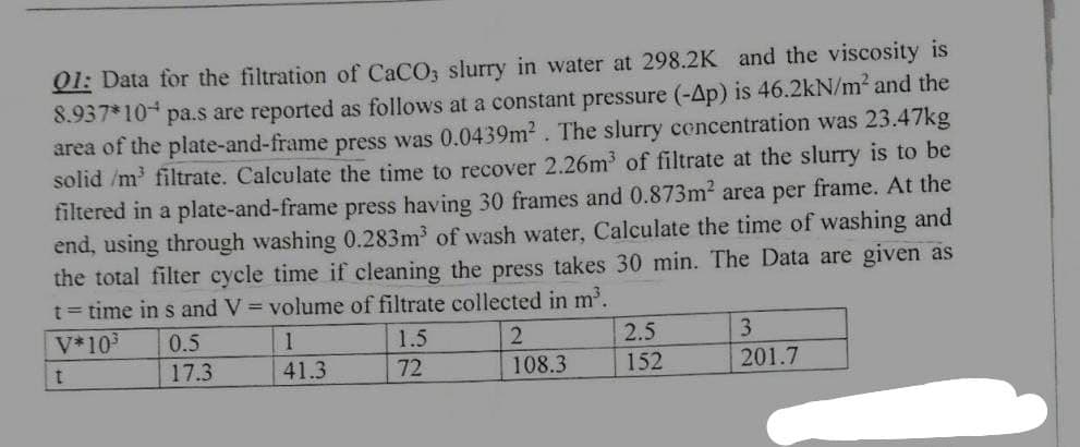 Q1: Data for the filtration of CaCO3 slurry in water at 298.2K and the viscosity is
8.937*10+ pa.s are reported as follows at a constant pressure (-Ap) is 46.2kN/m² and the
area of the plate-and-frame press was 0.0439m². The slurry concentration was 23.47kg
solid /m³ filtrate. Calculate the time to recover 2.26m³ of filtrate at the slurry is to be
filtered in a plate-and-frame press having 30 frames and 0.873m² area per frame. At the
end, using through washing 0.283m³ of wash water, Calculate the time of washing and
the total filter cycle time if cleaning the press takes 30 min. The Data are given as
t = time in s and V = volume of filtrate collected in m³.
V*103
t
0.5
17.3
1
1.5
41.3
72
2
2.5
3
108.3
152
201.7