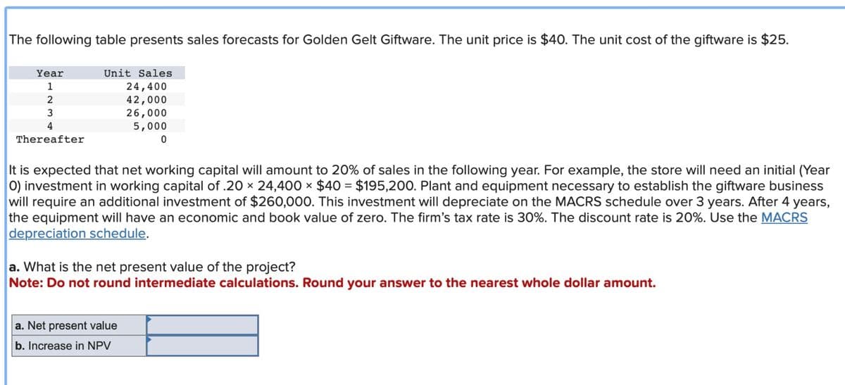 The following table presents sales forecasts for Golden Gelt Giftware. The unit price is $40. The unit cost of the giftware is $25.
Year
Unit Sales
1
24,400
2
42,000
3
4
Thereafter
26,000
5,000
0
It is expected that net working capital will amount to 20% of sales in the following year. For example, the store will need an initial (Year
0) investment in working capital of .20 x 24,400 x $40 = $195,200. Plant and equipment necessary to establish the giftware business
will require an additional investment of $260,000. This investment will depreciate on the MACRS schedule over 3 years. After 4 years,
the equipment will have an economic and book value of zero. The firm's tax rate is 30%. The discount rate is 20%. Use the MACRS
depreciation schedule.
a. What is the net present value of the project?
Note: Do not round intermediate calculations. Round your answer to the nearest whole dollar amount.
a. Net present value
b. Increase in NPV