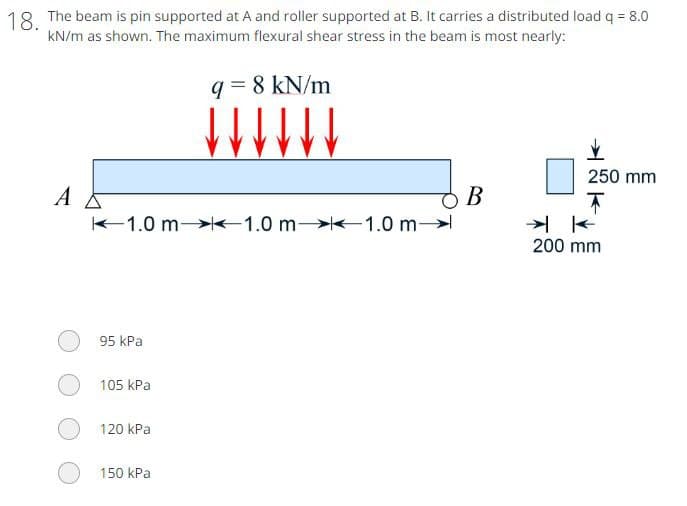 18. The beam is pin supported at A and roller supported at B. It carries a distributed load q = 8.0
kN/m as shown. The maximum flexural shear stress in the beam is most nearly:
A
1.0 m-1.0 m 1.0 m-
95 kPa
105 kPa
120 kPa
q=8 kN/m
↓ ↓ ↓ ↓ ↓ ↓
150 kPa
B
250 mm
T
200 mm