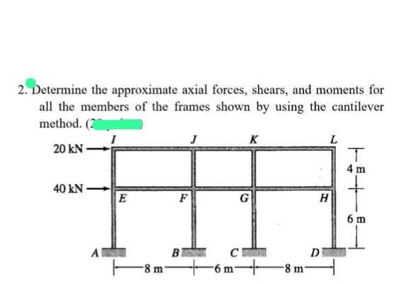2. Determine the approximate axial forces, shears, and moments for
all the members of the frames shown by using the cantilever
method. (20
20 kN
40 kN
E
F
B
-8 m-
K
G
C
-6 m²
8 m
H
D
T
4 m
4
6 m