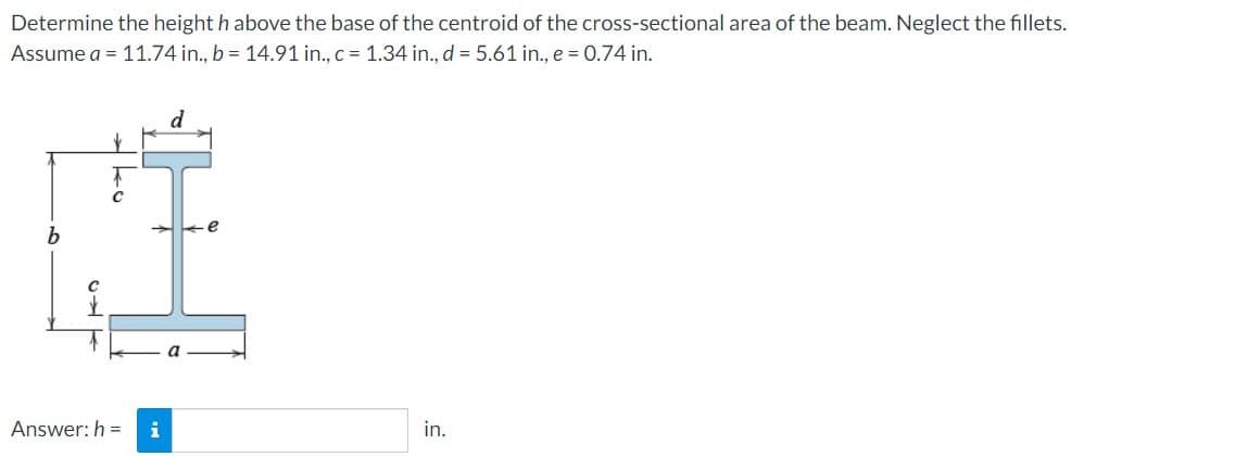 Determine the height h above the base of the centroid of the cross-sectional area of the beam. Neglect the fillets.
Assume a = 11.74 in., b = 14.91 in., c = 1.34 in., d = 5.61 in., e = 0.74 in.
Answer: h= i
d
in.