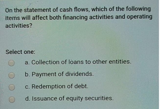 On the statement of cash flows, which of the following
items will affect both financing activities and operating
activities?
Select one:
a. Collection of loans to other entities.
b. Payment of dividends.
c. Redemption of debt.
d. Issuance of equity securities.
