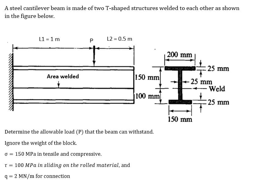 A steel cantilever beam is made of two T-shaped structures welded to each other as shown
in the figure below.
L1 = 1 m
L2 = 0.5 m
200 mm
25 mm
Area welded
150 mm
-25 mm
Weld
100 mm
:25 mm
150 mm
Determine the allowable load (P) that the beam can withstand.
Ignore the weight of the block.
o = 150 MPa in tensile and compressive.
100 MPa in sliding on the rolled material, and
T =
q = 2 MN/m for connection
P.
