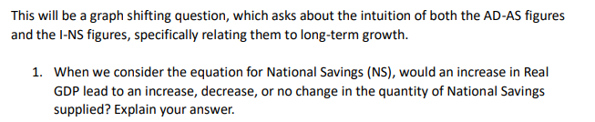 This will be a graph shifting question, which asks about the intuition of both the AD-AS figures
and the l-NS figures, specifically relating them to long-term growth.
1. When we consider the equation for National Savings (NS), would an increase in Real
GDP lead to an increase, decrease, or no change in the quantity of National Savings
supplied? Explain your answer.
