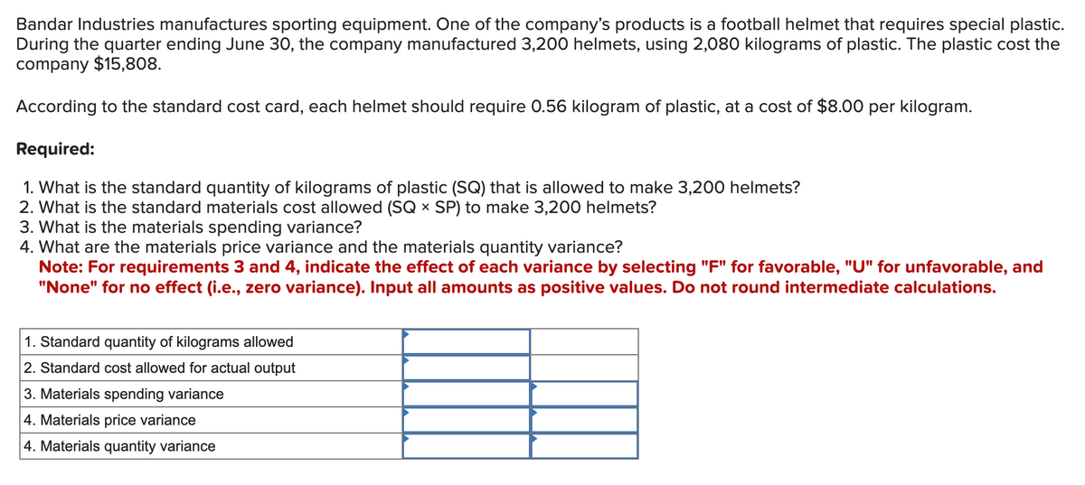 Bandar Industries manufactures sporting equipment. One of the company's products is a football helmet that requires special plastic.
During the quarter ending June 30, the company manufactured 3,200 helmets, using 2,080 kilograms of plastic. The plastic cost the
company $15,808.
According to the standard cost card, each helmet should require 0.56 kilogram of plastic, at a cost of $8.00 per kilogram.
Required:
1. What is the standard quantity of kilograms of plastic (SQ) that is allowed to make 3,200 helmets?
2. What is the standard materials cost allowed (SQ × SP) to make 3,200 helmets?
3. What is the materials spending variance?
4. What are the materials price variance and the materials quantity variance?
Note: For requirements 3 and 4, indicate the effect of each variance by selecting "F" for favorable, "U" for unfavorable, and
"None" for no effect (i.e., zero variance). Input all amounts as positive values. Do not round intermediate calculations.
1. Standard quantity of kilograms allowed
2. Standard cost allowed for actual output
3. Materials spending variance
4. Materials price variance
4. Materials quantity variance