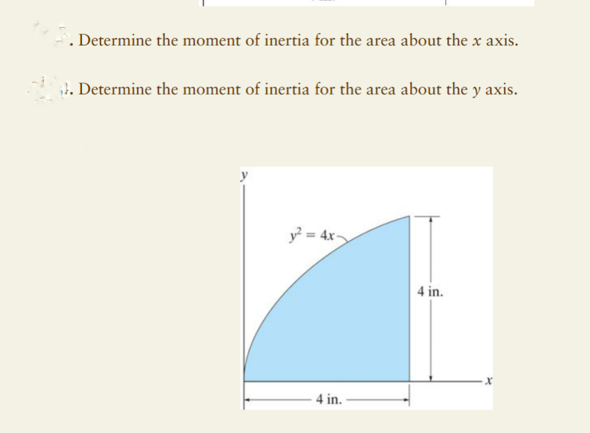 . Determine the moment of inertia for the area about the x axis.
. Determine the moment of inertia for the area about the y axis.
y² = 4x-
4 in.
4 in.
X